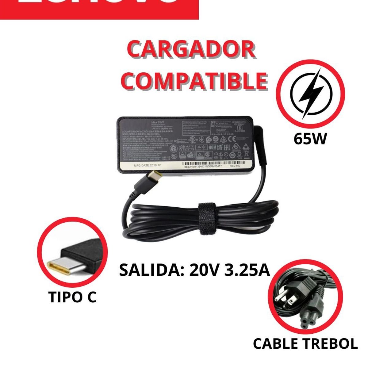 GENERICO - CARGADOR PARA LAPTOPS LENOVO 20V 325A 65W - TIPO C COMPATIBLE