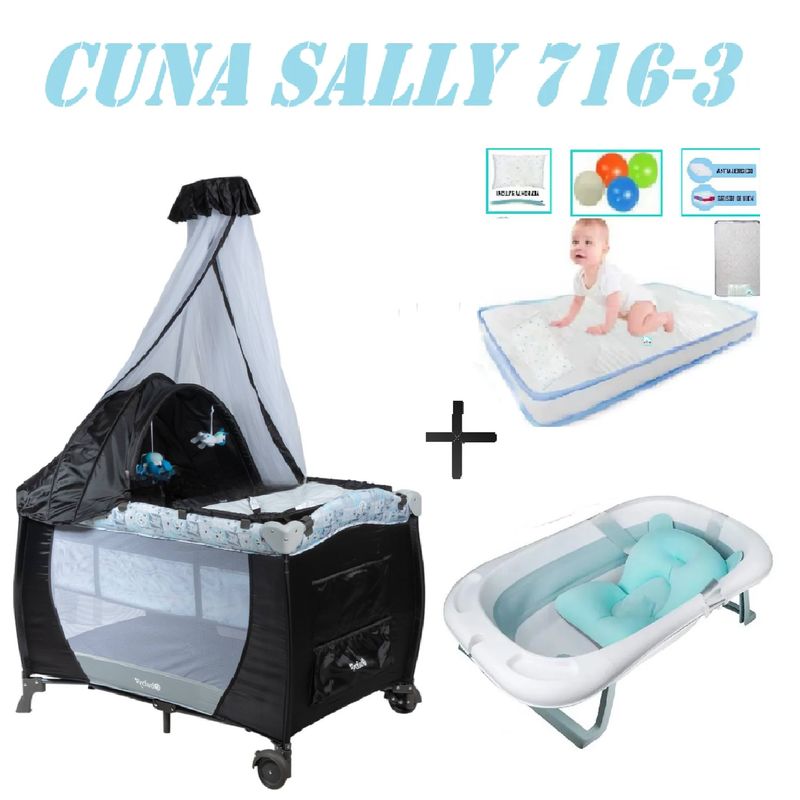 EBABY - Cuna Ebaby 716-3 Sally Tina Azul Colchon Gris-Celeste