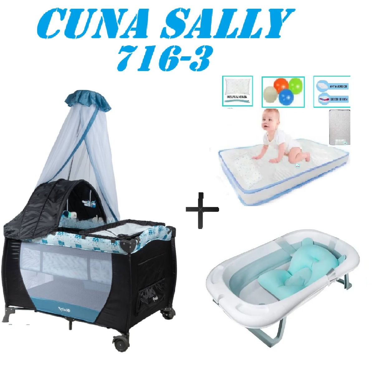 EBABY - Cuna Ebaby 716-3 Sally Tina Azul Colchon Azul-Celeste