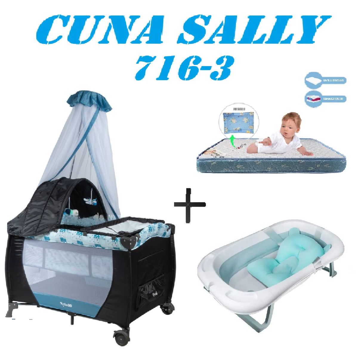 EBABY - Cuna Ebaby 716-3 Sally Tina Azul Colchon Azul-Azul