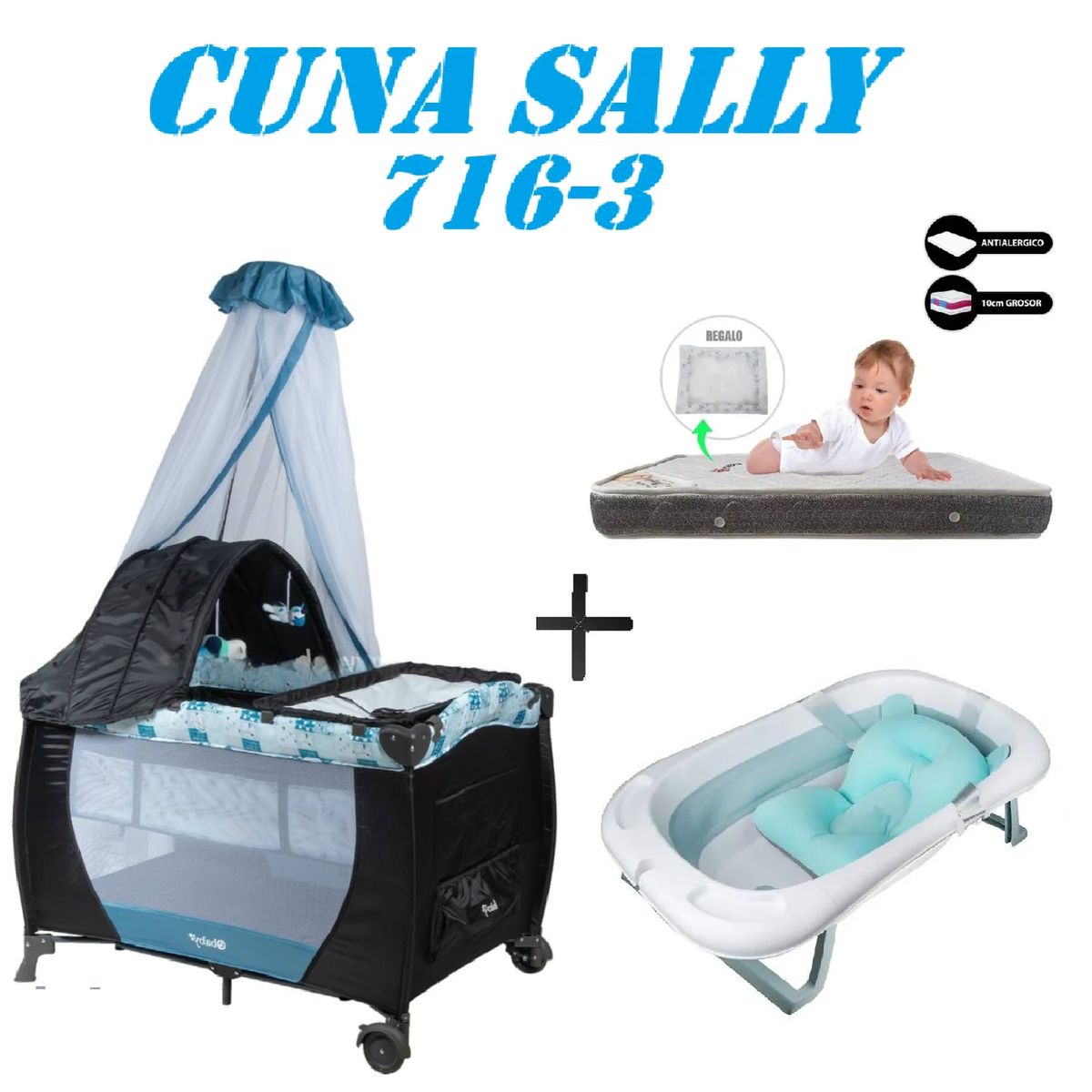 EBABY - Cuna Ebaby 716-3 Sally Tina Azul Colchon Azul-Gris