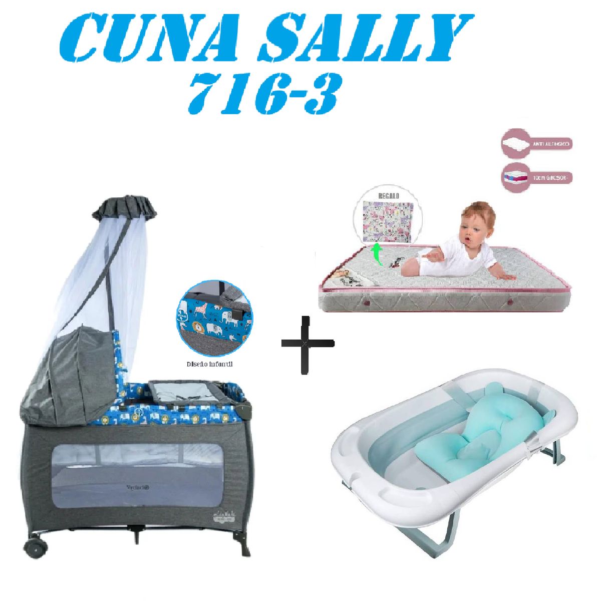 EBABY - Cuna Ebaby 716-3 Sally Tina Azul Colchon Azul-Rosa