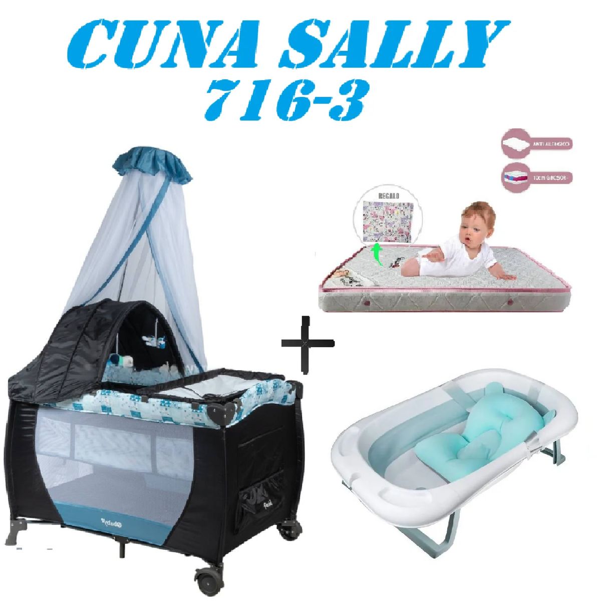EBABY - Cuna Ebaby 716-3 Sally Tina Azul Colchon Azul-Rosa