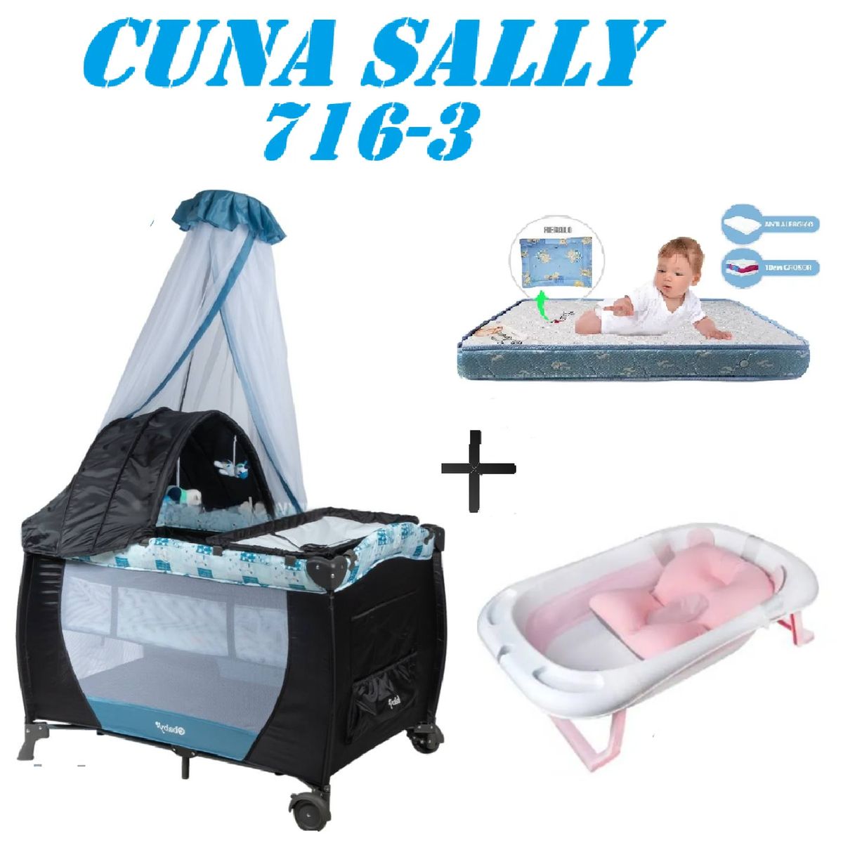 EBABY - Cuna Ebaby 716-3 Sally Tina Rosa Colchon Azul-Azul