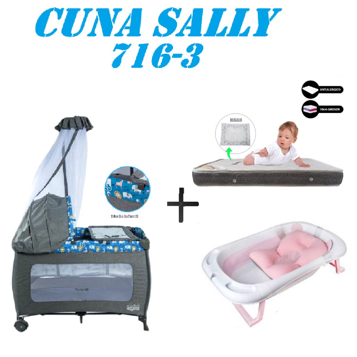 EBABY - Cuna Ebaby 716-3 Sally Tina Rosa Colchon Azul-Gris