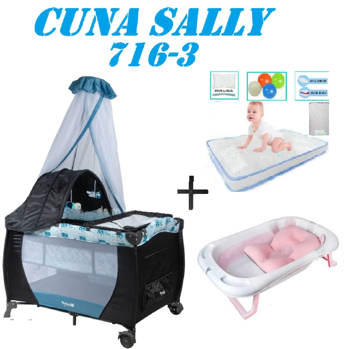 EBABY - Cuna Ebaby 716-3 Sally Tina Rosa Colchon Azul-Celeste