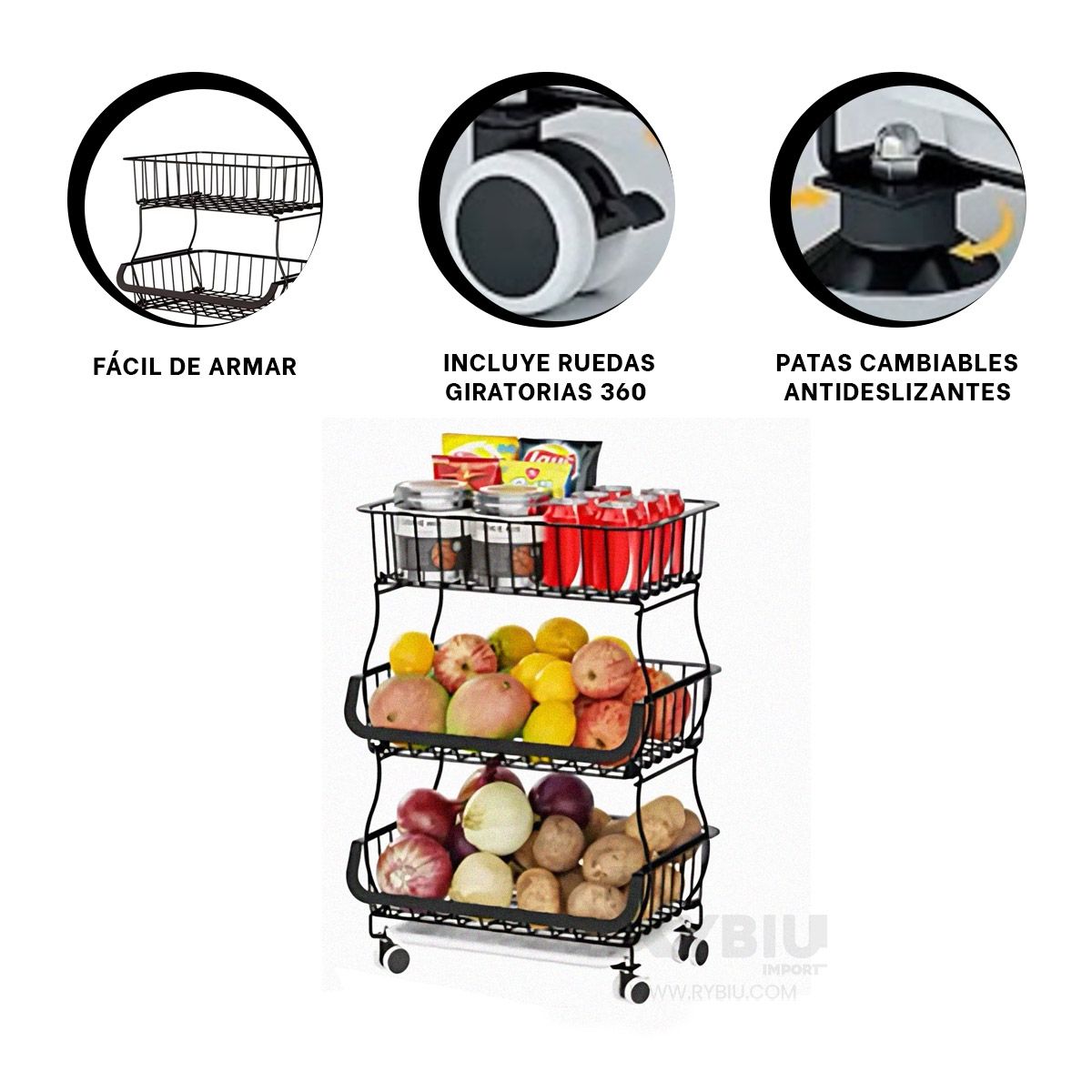 GENERICO - Canasta para Alimentos de 3 Niveles Negro Y+Gift Stickers