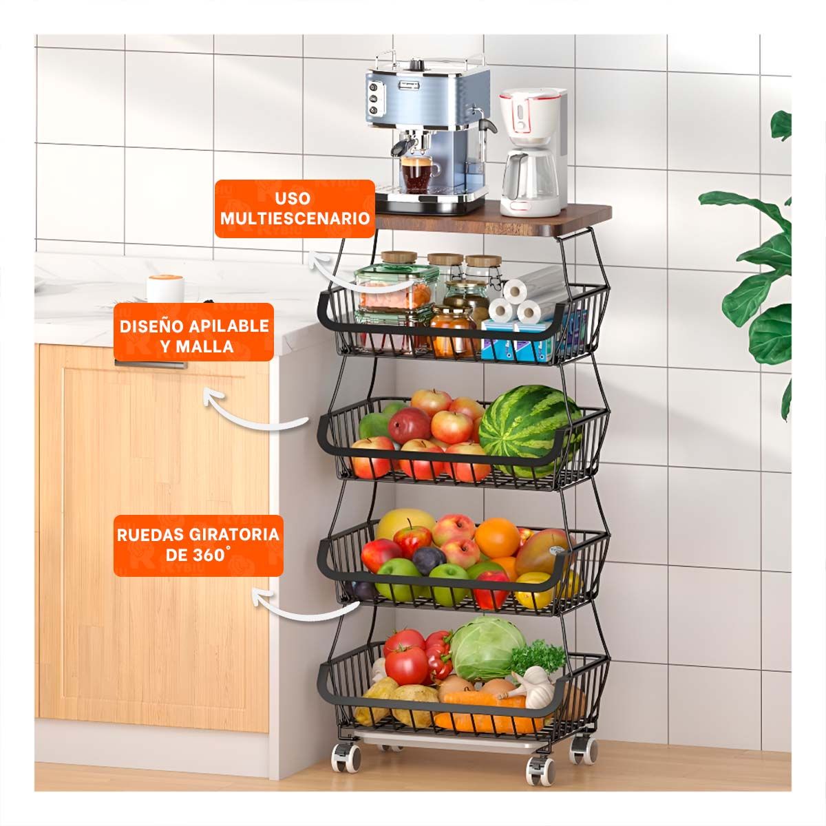 GENERICO - Cesta Movible Resistente 5 Niveles para Cocina de Negro