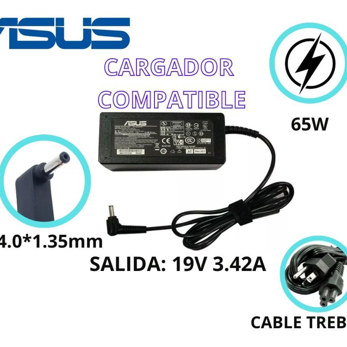 GENERICO - CARGADOR PARA LAPTOPS ASUS 19V 342A 65W 40 135 COMPATIBLE