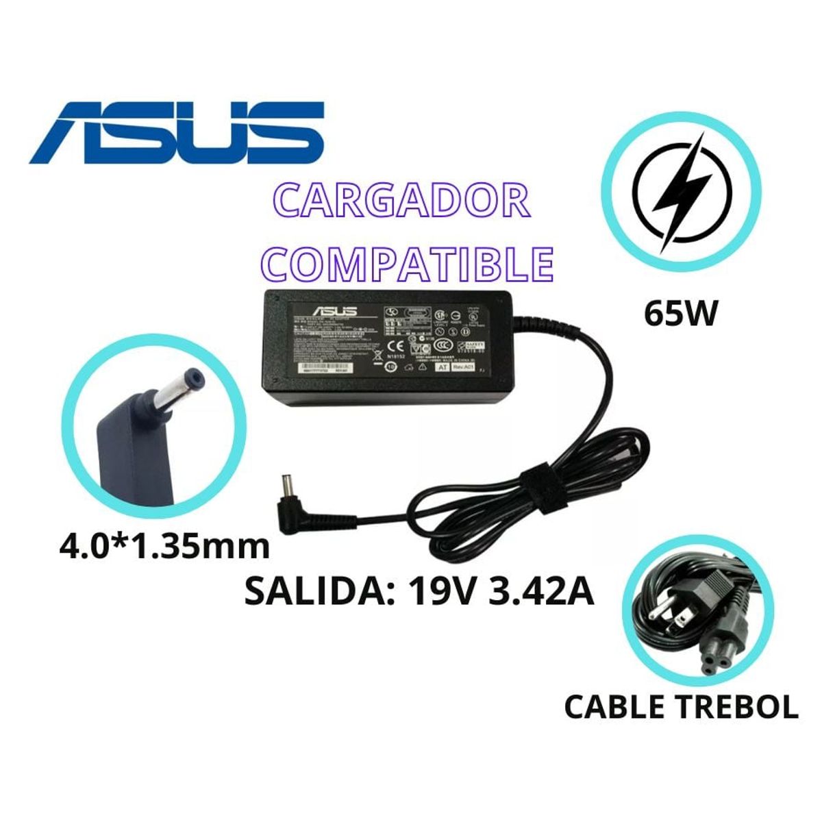 GENERICO - CARGADOR PARA LAPTOPS ASUS 19V 342A 65W 40 135 COMPATIBLE