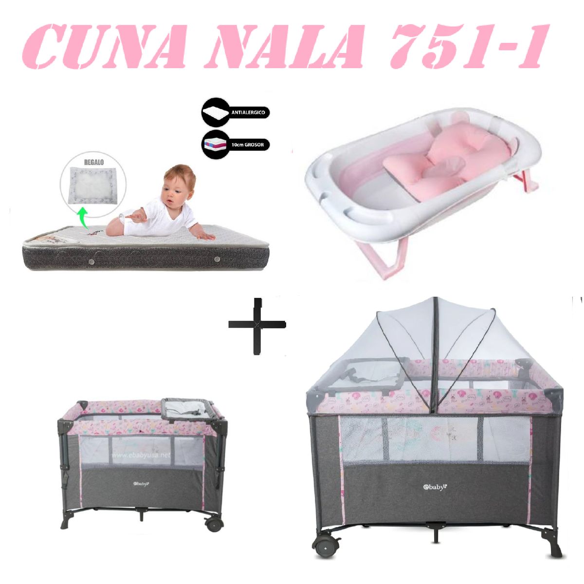 EBABY - Cuna Colecho Nala Tina Rosa Colchon Rosa -Gris