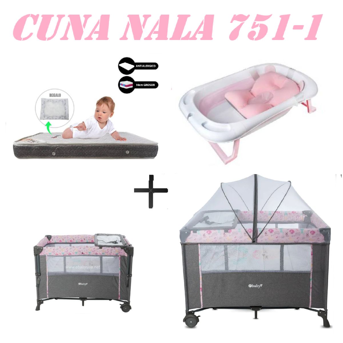 EBABY - Cuna Colecho Nala Tina Rosa Colchon Rosa -Gris