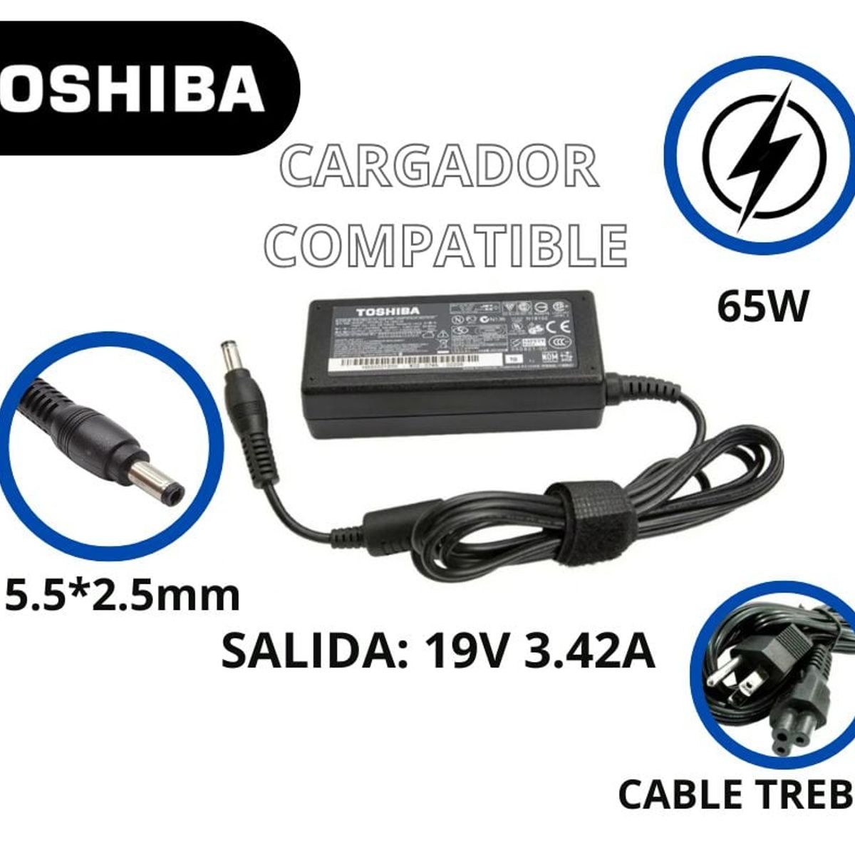 GENERICO - CARGADOR PARA LAPTOPS TOSHIBA 19V 342A 5525 COMPATIBLE