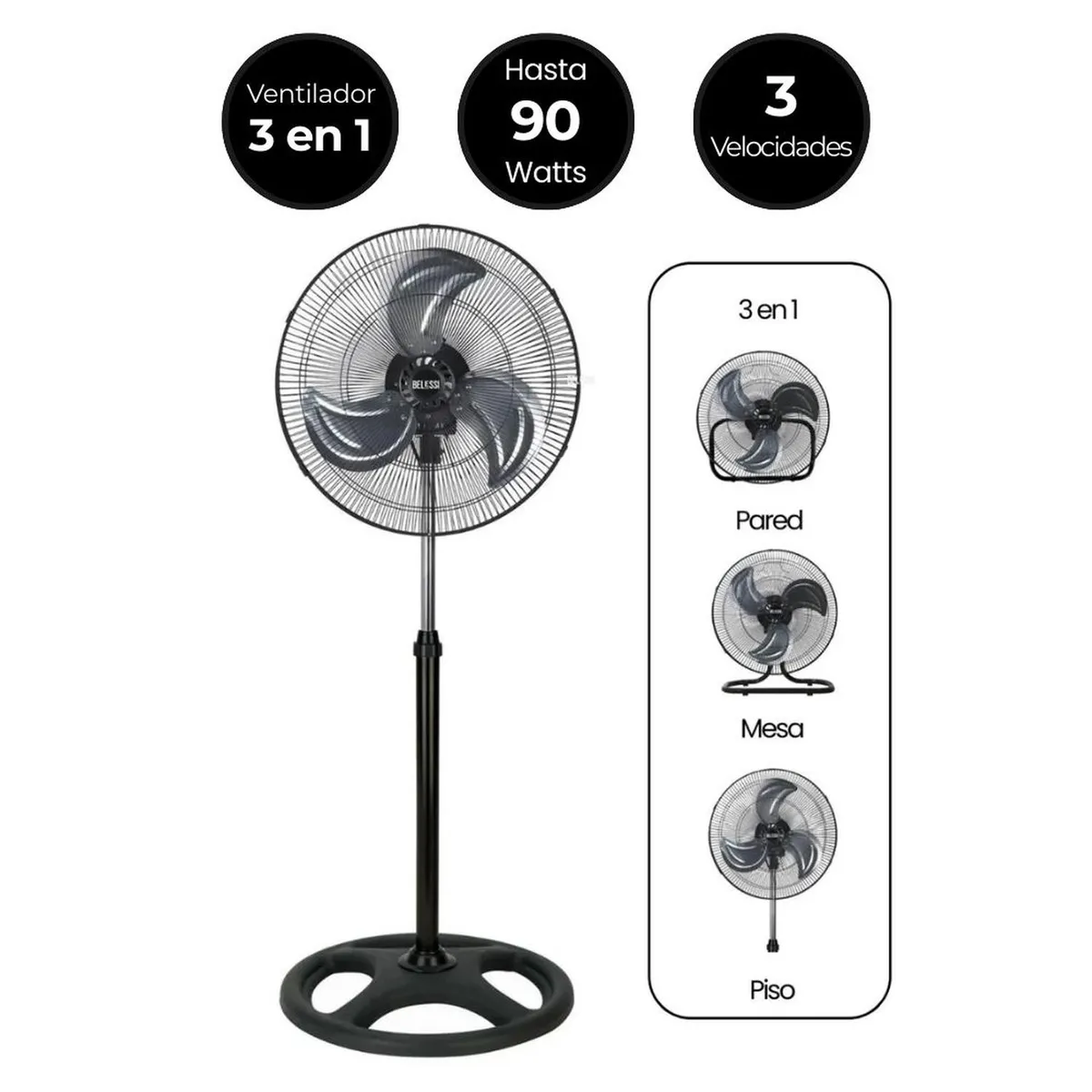 BELESSI - Ventilador 3 En 1 Industrial 18", 90W, 3 Velocidades