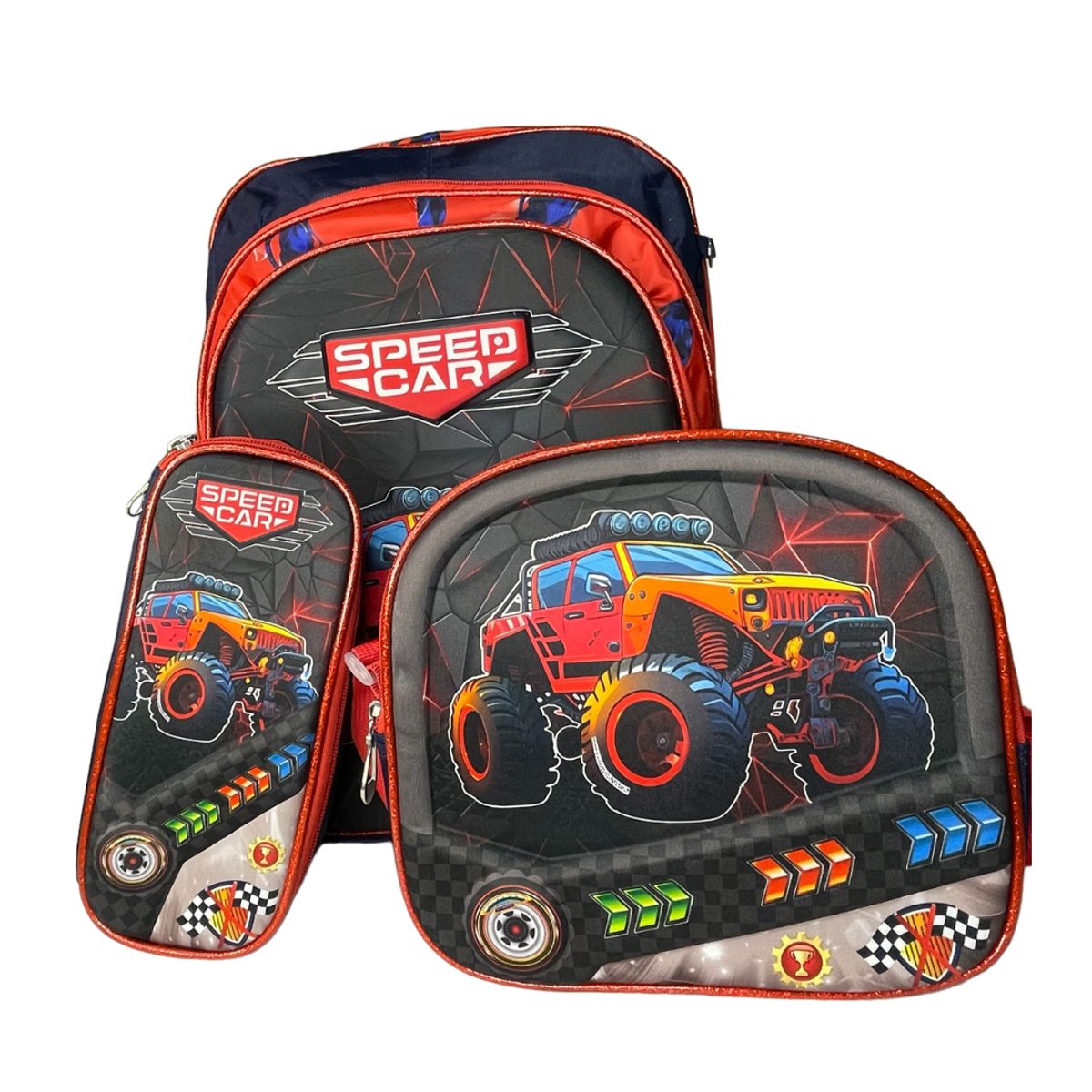 GENERICO - Mochilas escolares para niños carro con lonchera y cartuchera 3 en 1