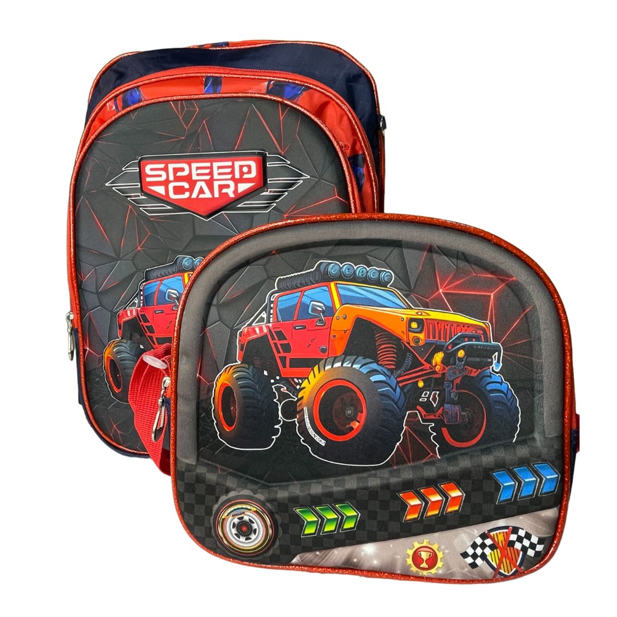 GENERICO - Mochilas escolares para niños carro con lonchera y cartuchera 3 en 1