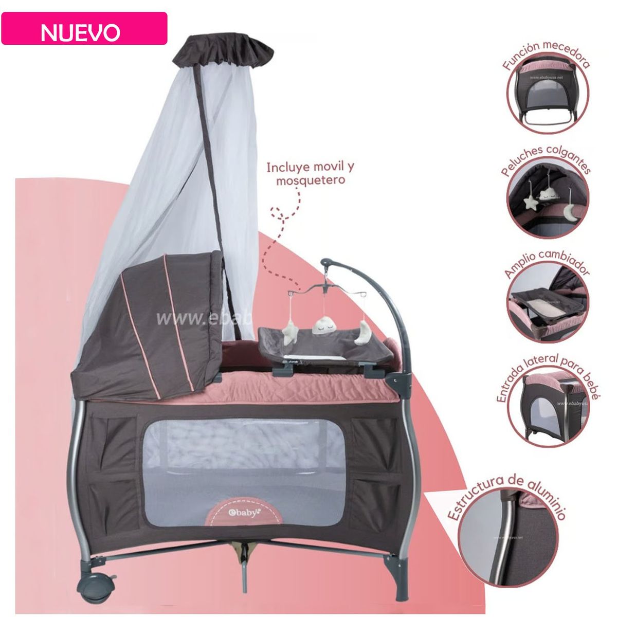 EBABY - Cuna Corral Mecedora Napy Rosado