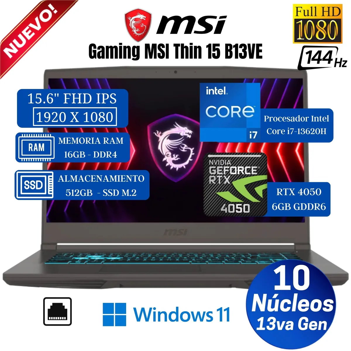 MSI - Laptop MSI Thin 15 B13VE 15.6” FHD IPS, Core i7-13620H, Ram 16GB, Ssd 512GB, Rtx 4050 6GB, Win 11