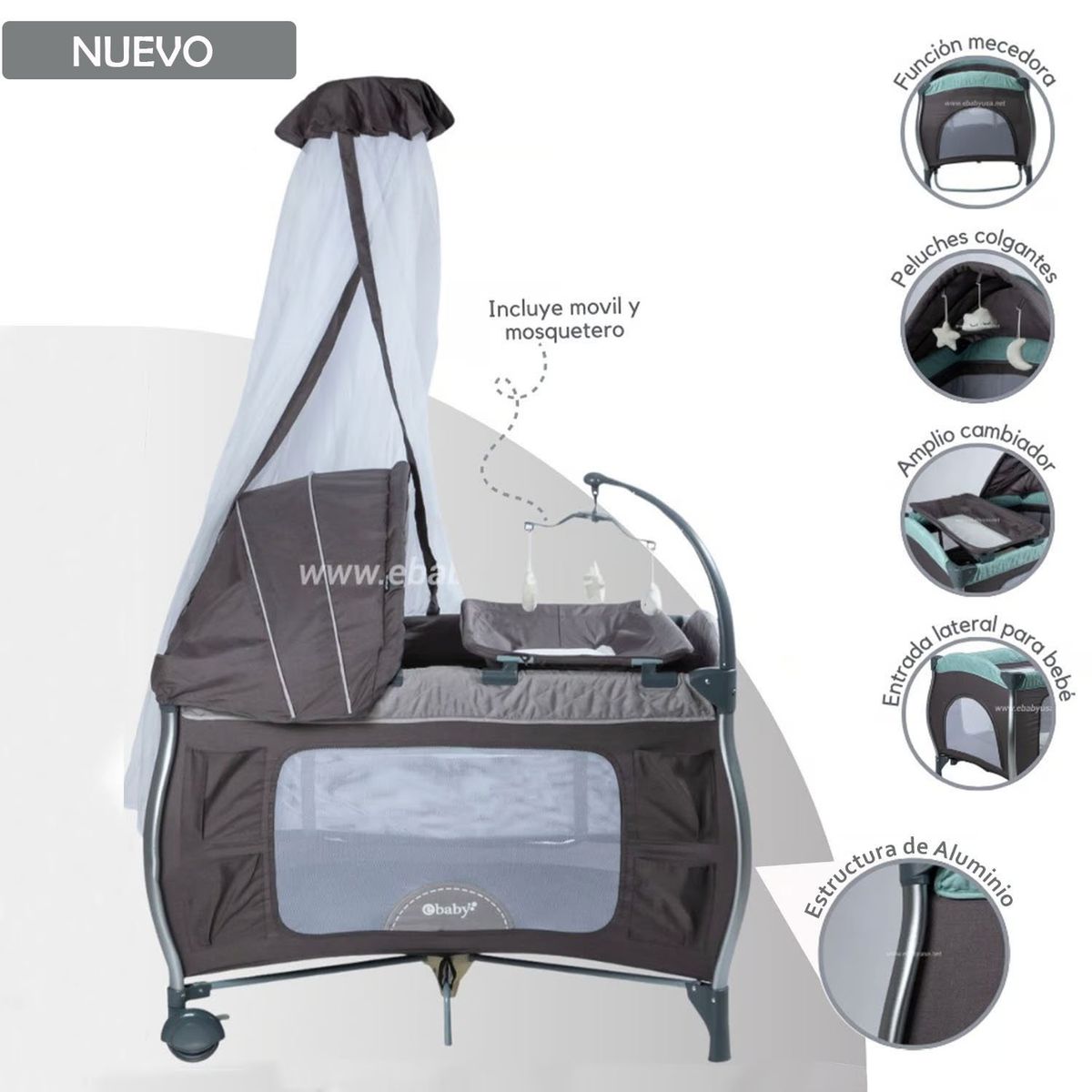 EBABY - Cuna Corral Mecedora Napy Gris