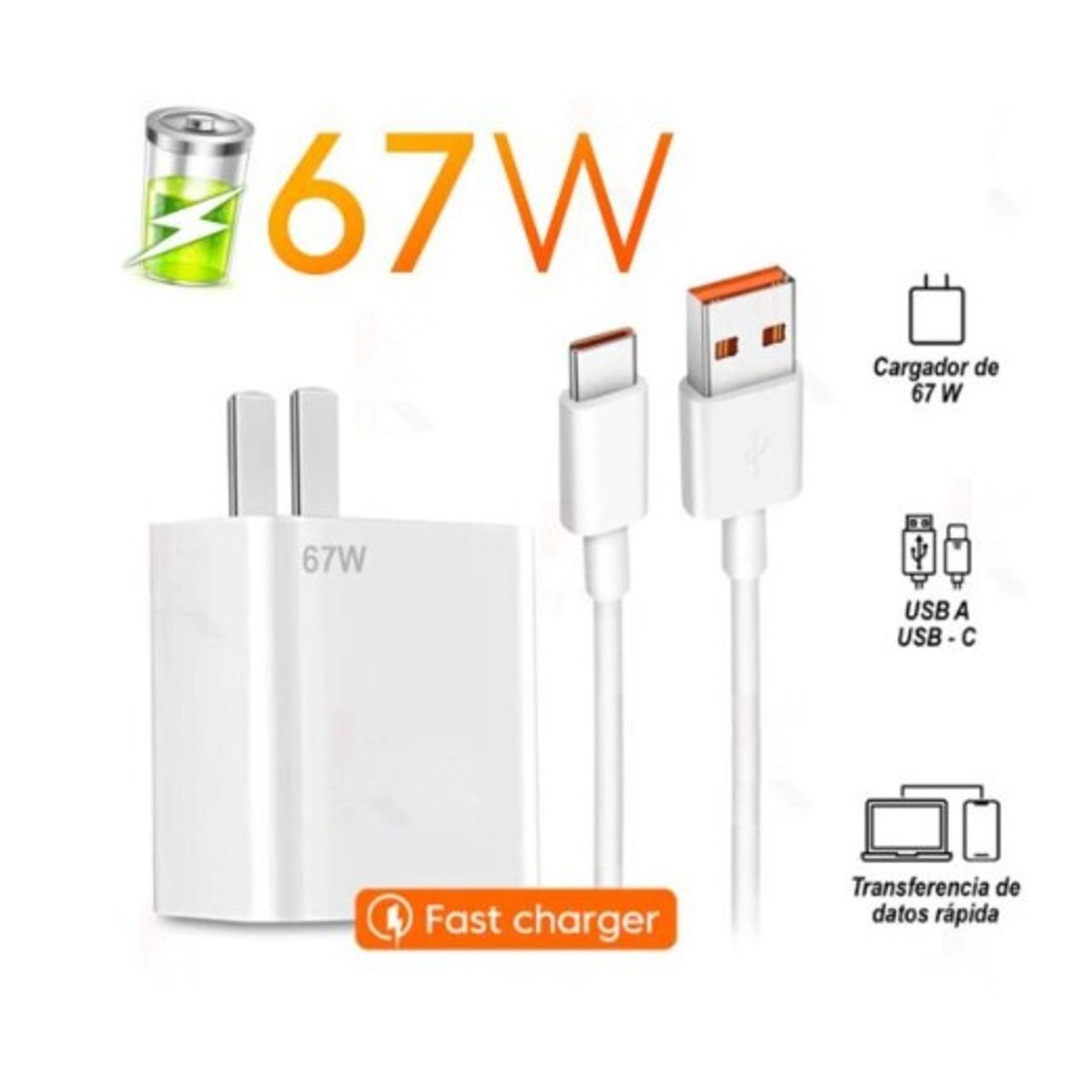 TRANYOO - CARGADOR PARA SMARTPHONES CARGA RAPIDA 67W USB A TIPO C BLANCO-TRANYOO