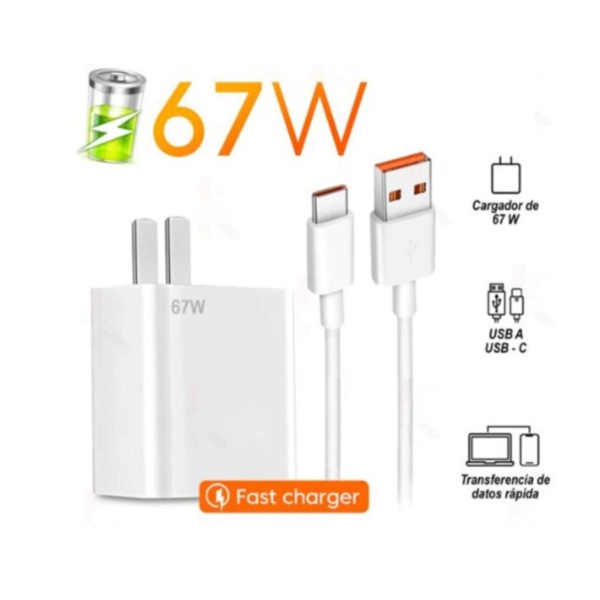 TRANYOO - CARGADOR PARA SMARTPHONES CARGA RAPIDA 67W USB A TIPO C BLANCO-TRANYOO