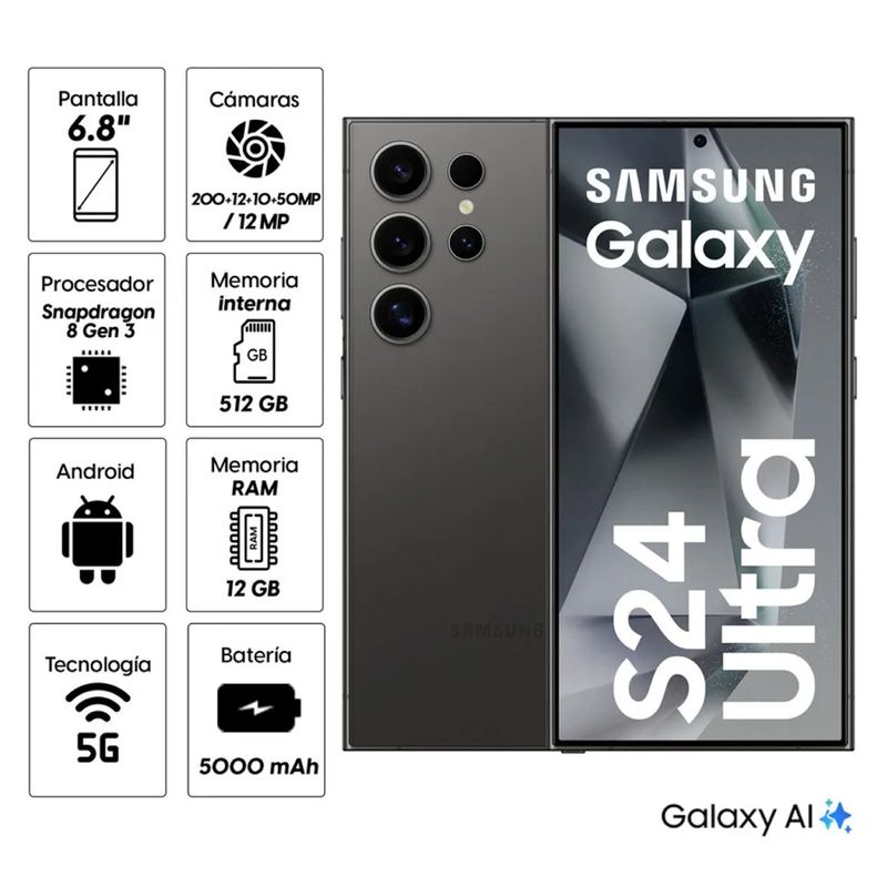 SAMSUNG - Celular Samsung Galaxy S24 Ultra 512GB 12GB RAM cámara  200MP + 50MP frontal 12MP 6.8" BLACK