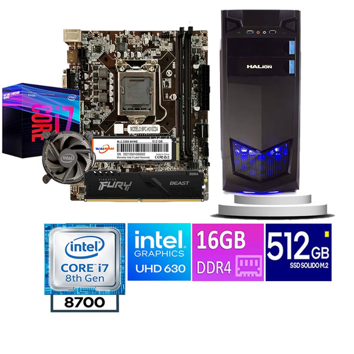 HALION - COMPUTADORA DE ESCRITORIO  CORE I7 8700  16GB RAM 512  GB SSD M2