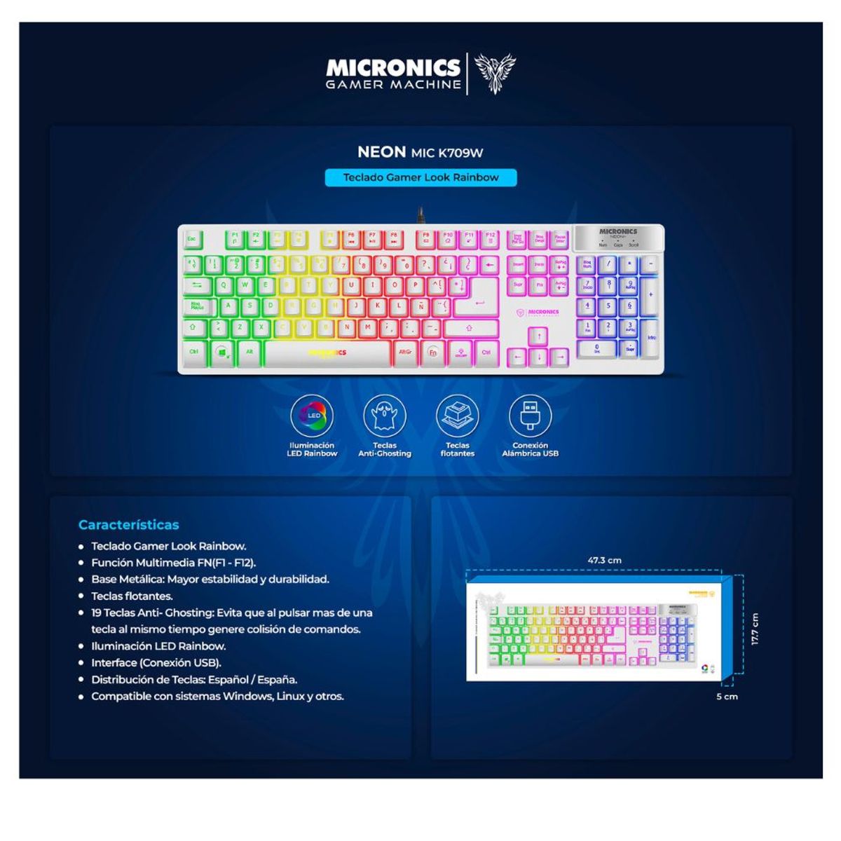 MICRONICS - Teclado Gamer Semi Mecánico Micronics Neon White Rgb