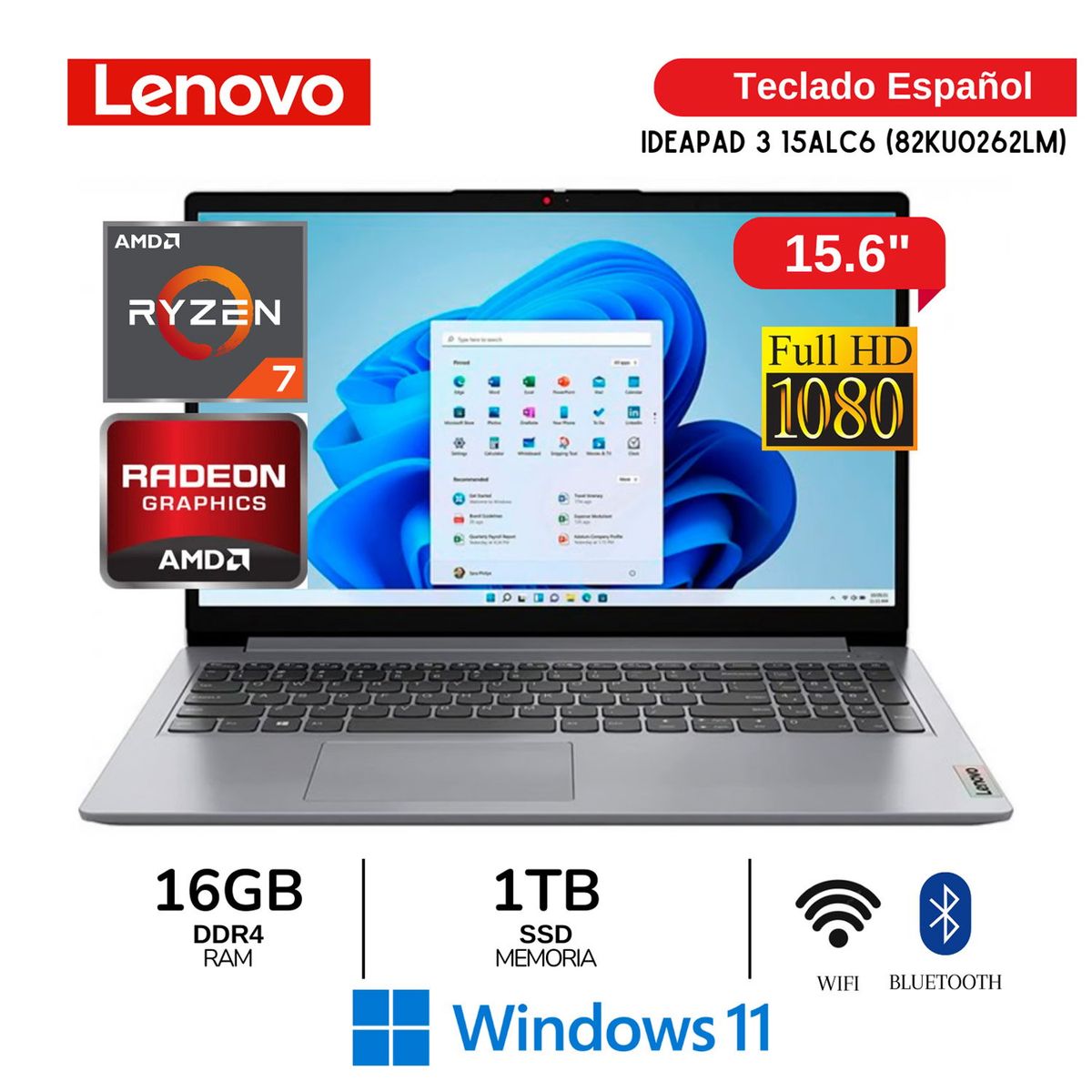 LENOVO - Laptop Lenovo IdeaPad 3 15ALC6 AMD Ryzen7-5700U 16GB RAM 1TB SSD 15.6" FHD Windows 11 82KU0262LM