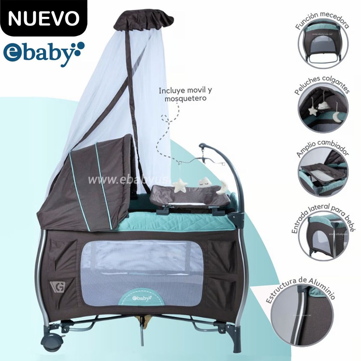 EBABY - Cuna Corral Aluminio NAPY 779C-1 Tul Reina - Verde