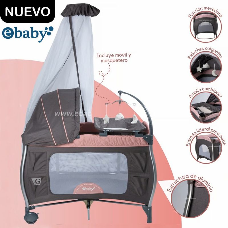 EBABY - Cuna Corral Aluminio NAPY 779C-1 Tul Reina - Rosado