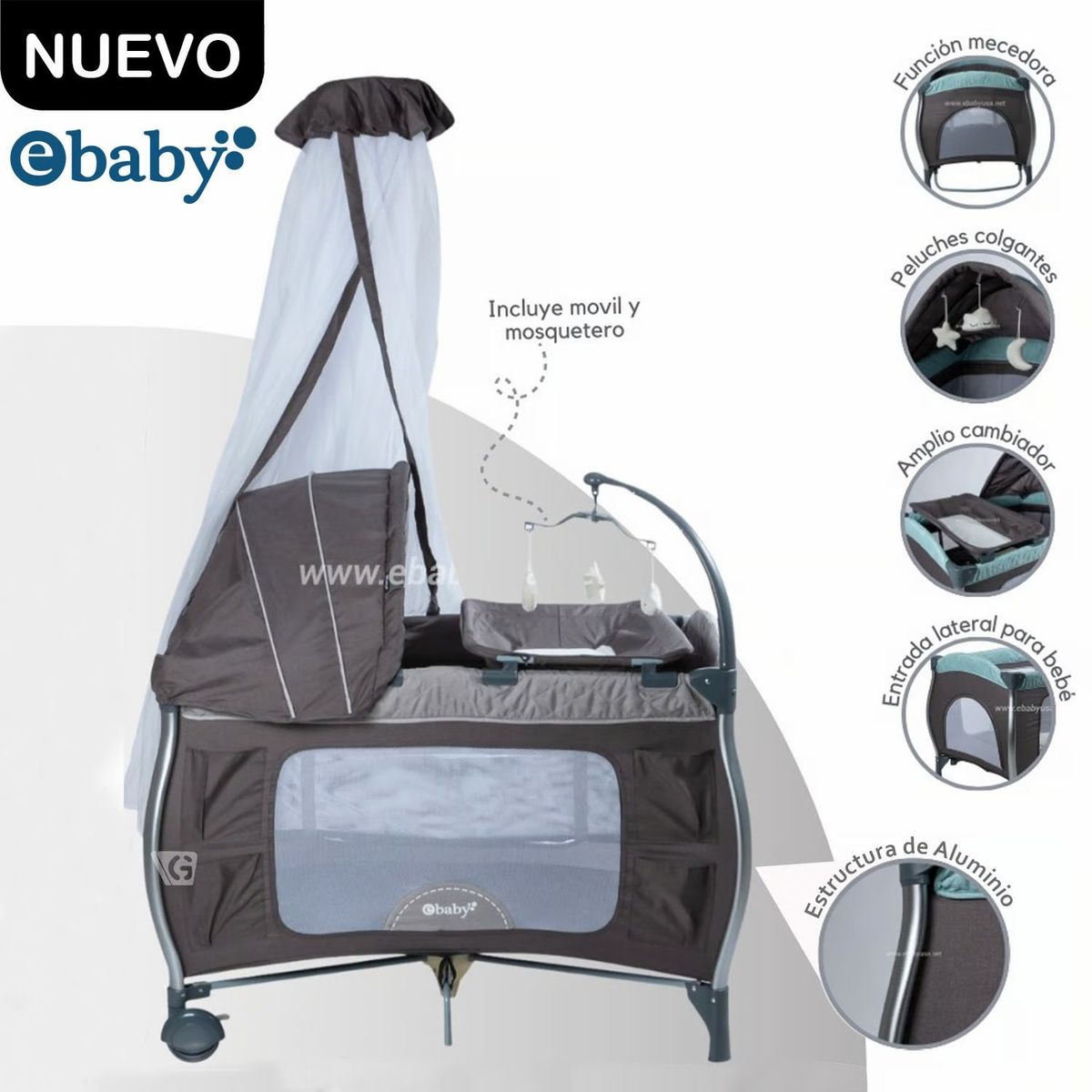 EBABY - Cuna Corral Aluminio NAPY 779C-1 Tul Reina - Gris