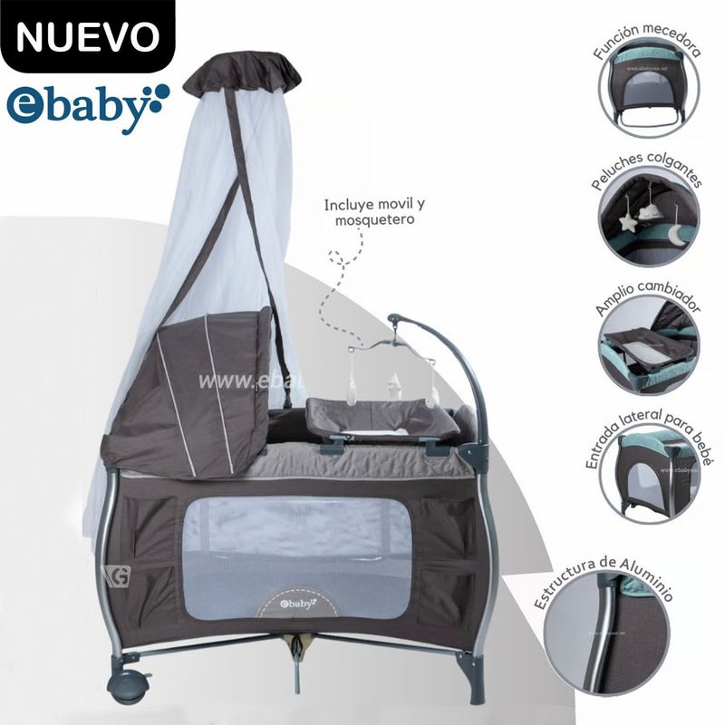 EBABY - Cuna Corral Aluminio NAPY 779C-1 Tul Reina - Gris