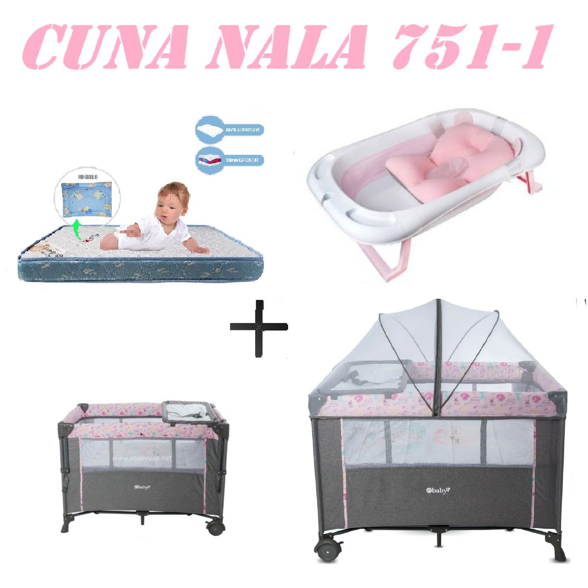 EBABY - Cuna Colecho Nala Tina Rosa Colchon Rosa -Azul