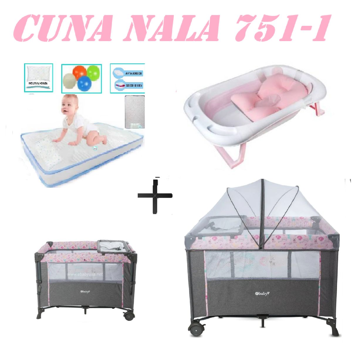 EBABY - Cuna Colecho Nala Tina Rosa Colchon Rosa -Celeste