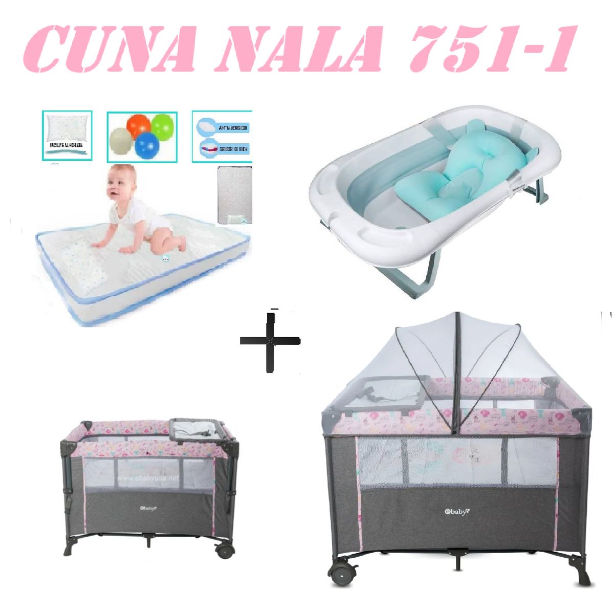 EBABY - Cuna Colecho Nala Tina Azul Colchon Rosa -Celeste