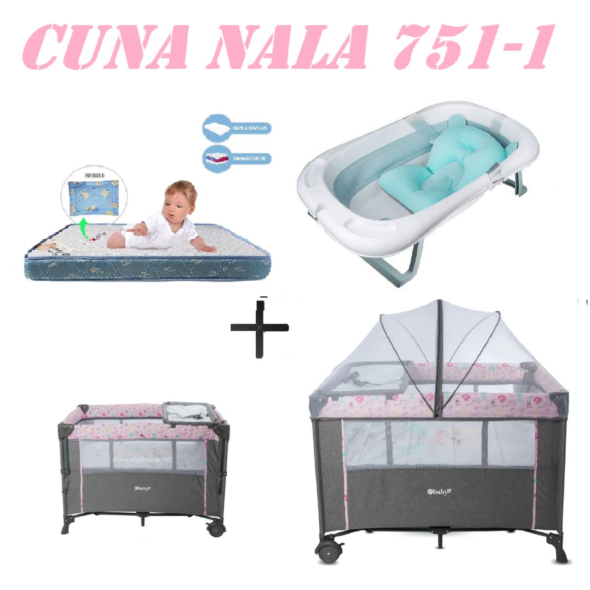 EBABY - Cuna Colecho Nala Tina Azul Colchon Rosa -Azul