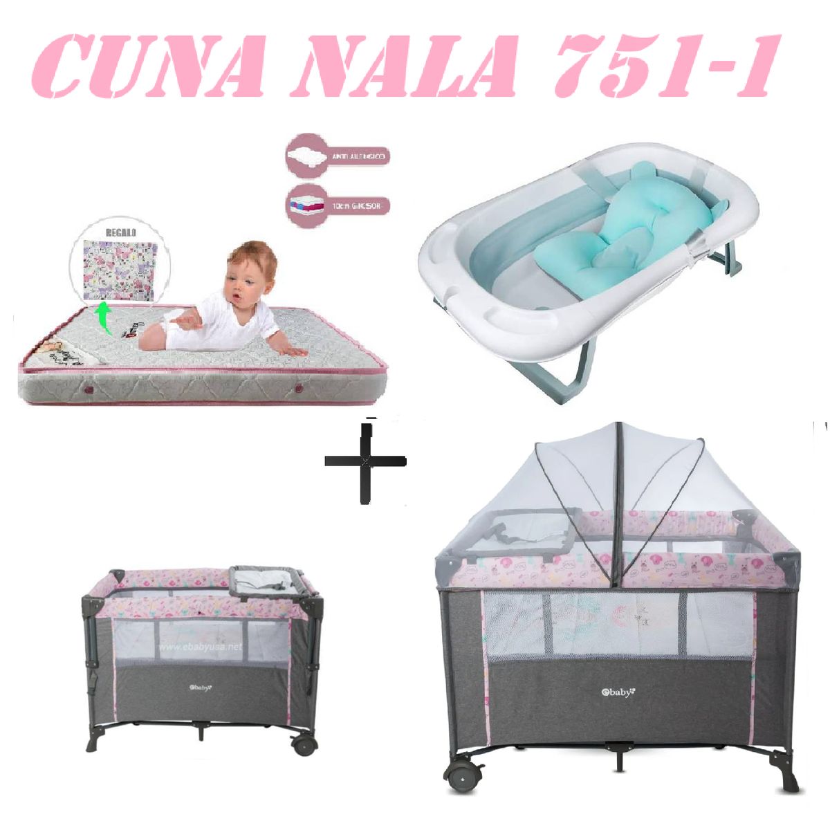 EBABY - Cuna Colecho Nala Tina Azul Colchon Rosa -Rosa