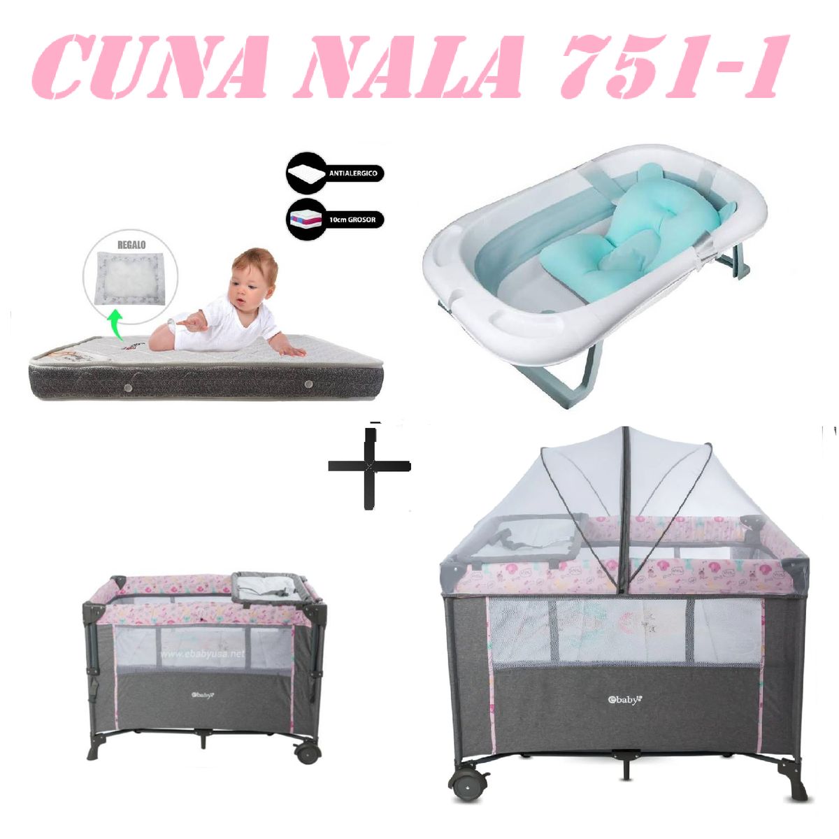 EBABY - Cuna Colecho Nala Tina Azul Colchon Rosa -Gris