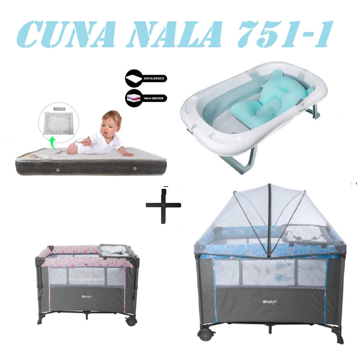 EBABY - Cuna Colecho Nala Tina Azul Colchon Azul -Gris