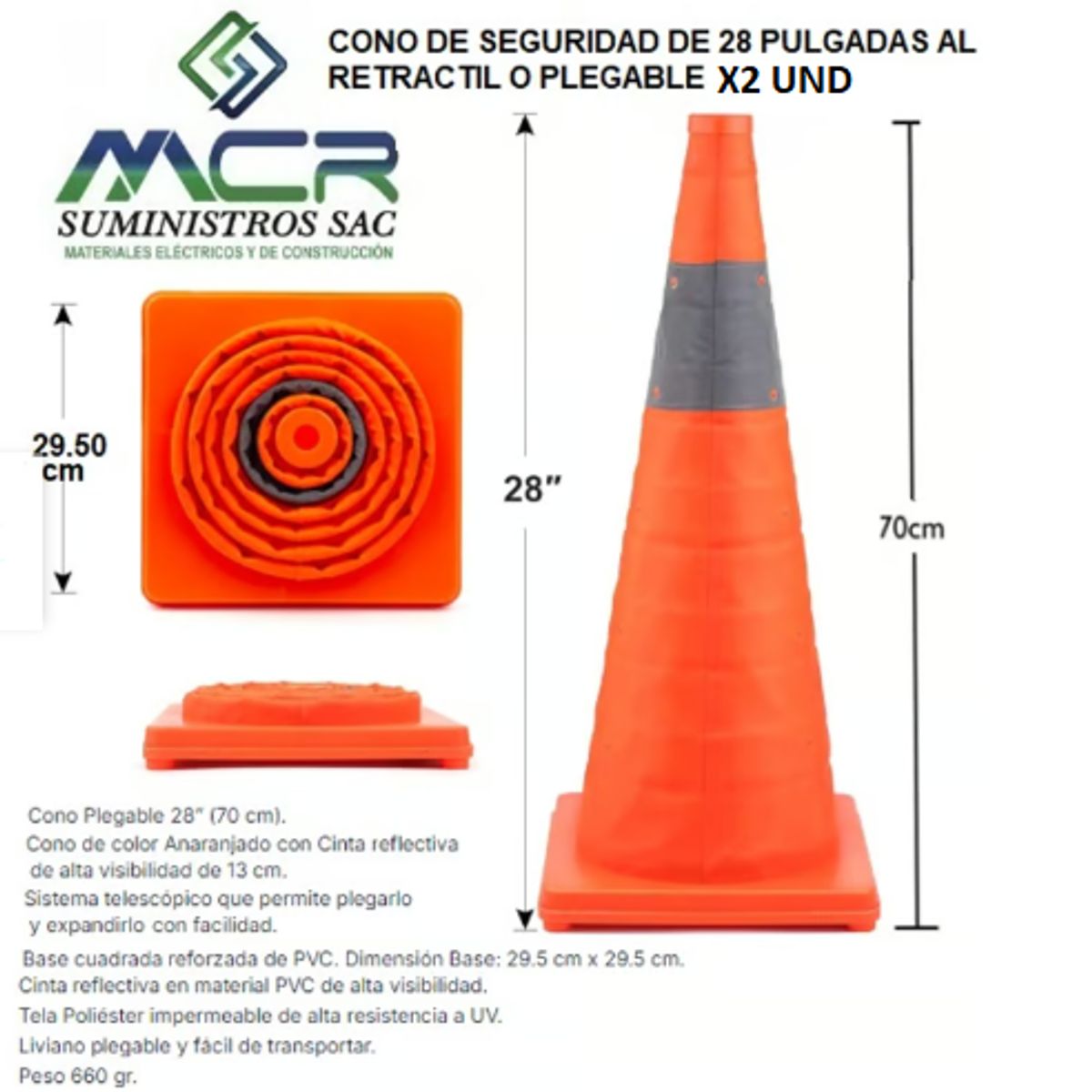 GENERICO - CONO DE SEGURIDAD DE 28 PULGADAS ALTURA 70CM RETRACTIL O PLEGABLE PACK 2und