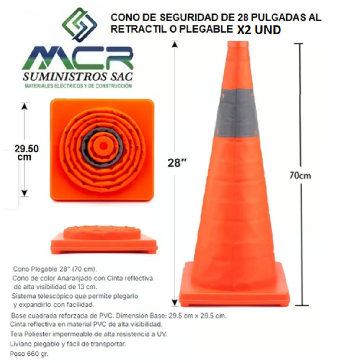 GENERICO - CONO DE SEGURIDAD DE 28 PULGADAS ALTURA 70CM RETRACTIL O PLEGABLE PACK 2und