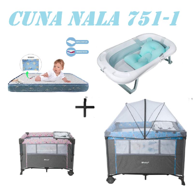 EBABY - Cuna Colecho Nala Tina Azul Colchon Azul -Azul