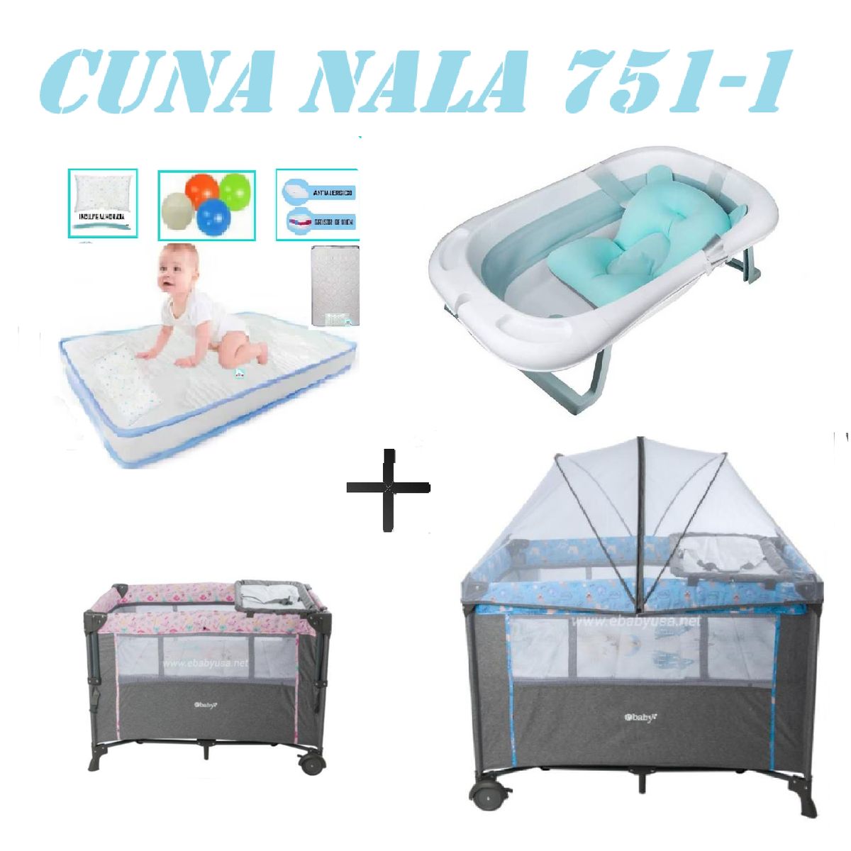 EBABY - Cuna Colecho Nala Tina Azul Colchon Azul -Celeste