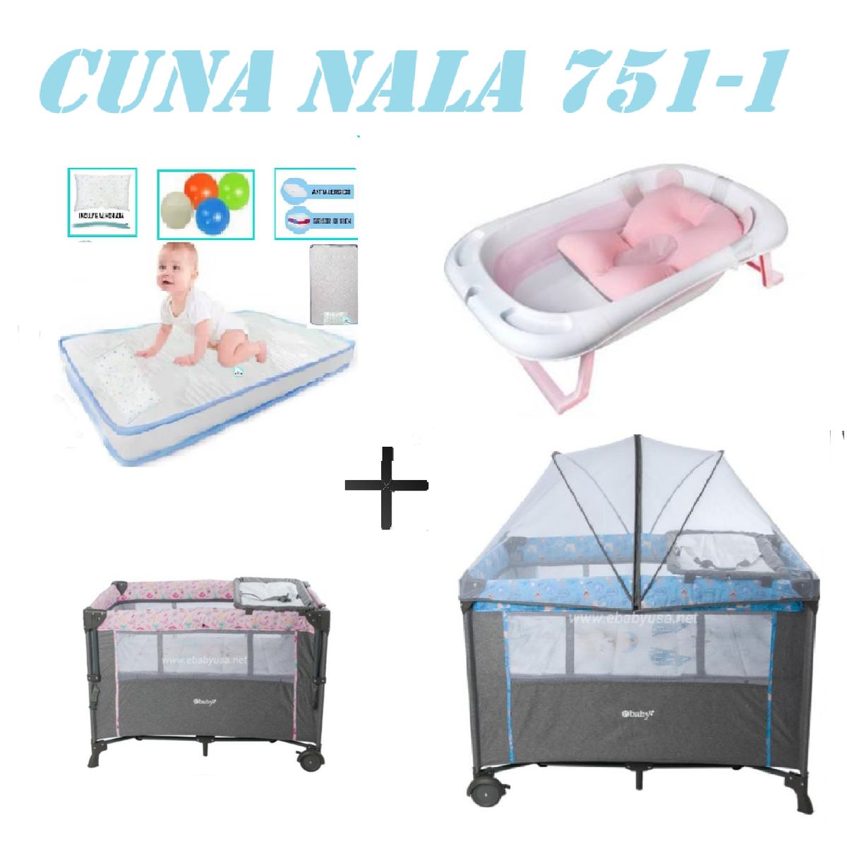 EBABY - Cuna Colecho Nala Tina Rosa Colchon Azul -Azul