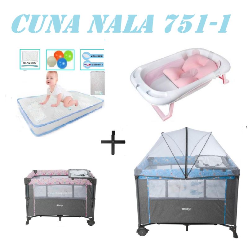 EBABY - Cuna Colecho Nala Tina Rosa Colchon Azul -Azul