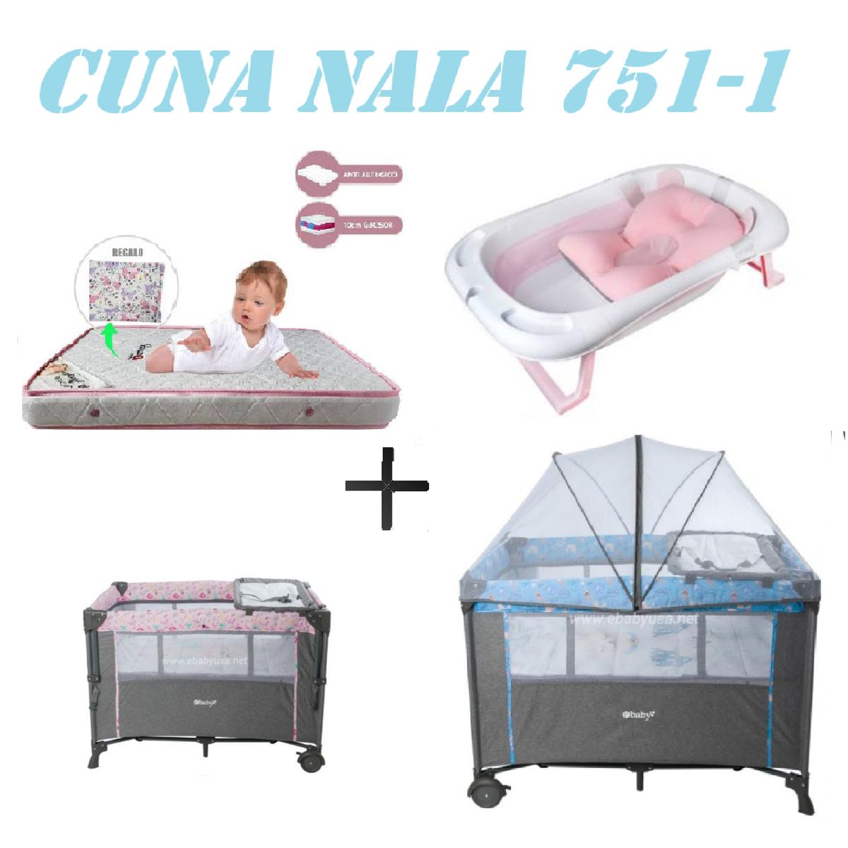 EBABY - Cuna Colecho Nala Tina Rosa Colchon Azul -Rosa
