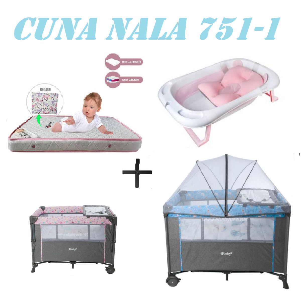 EBABY - Cuna Colecho Nala Tina Rosa Colchon Azul -Rosa