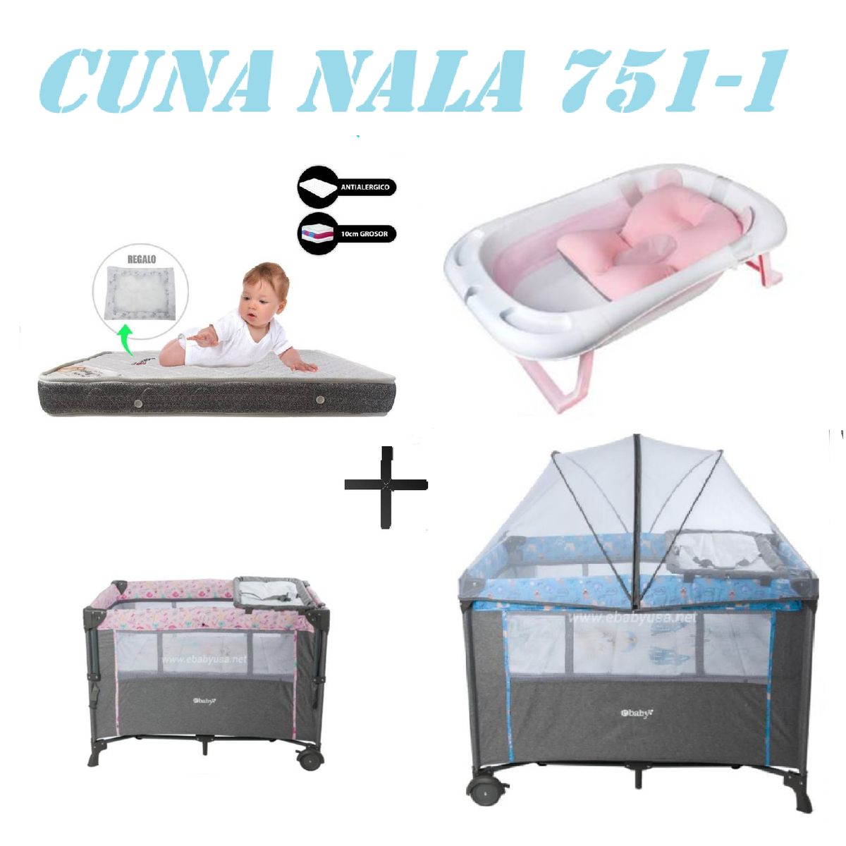 EBABY - Cuna Colecho Nala Tina Rosa Colchon Azul -Gris