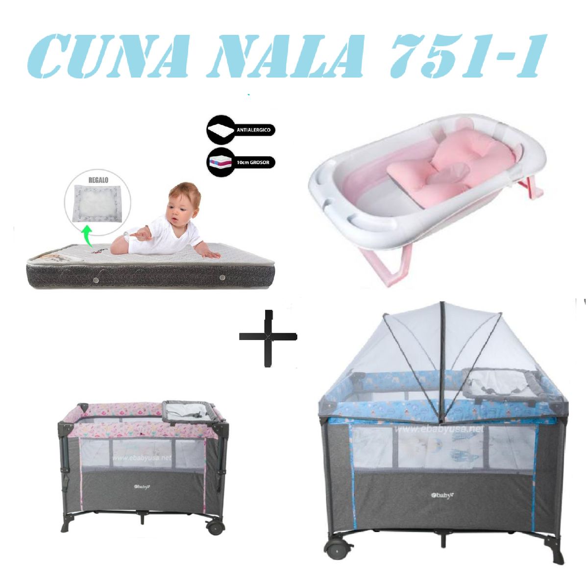 EBABY - Cuna Colecho Nala Tina Rosa Colchon Azul -Gris